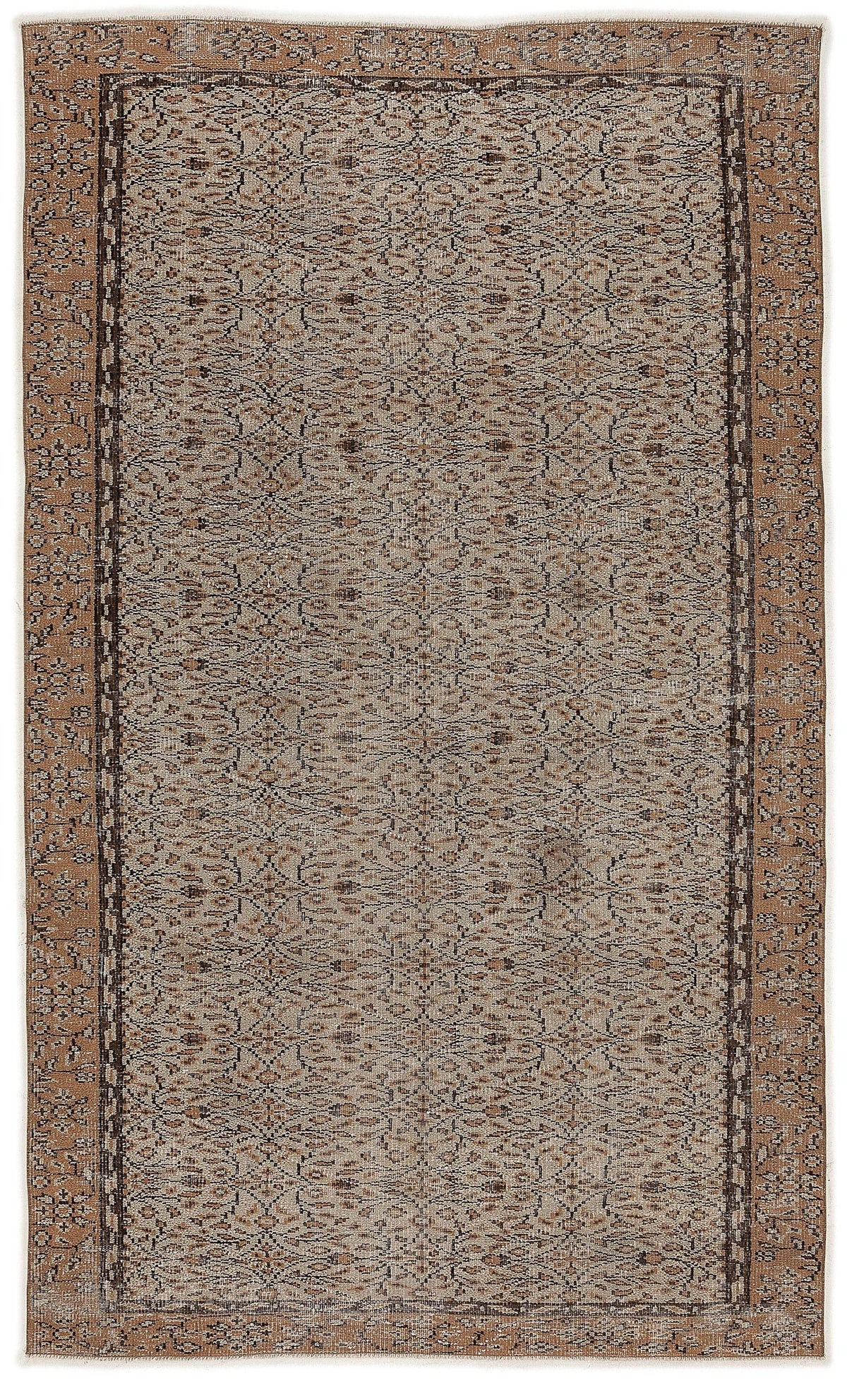 Tan and brown vintage-style rug with a distressed, repeating geometric floral pattern and a wide decorative border.