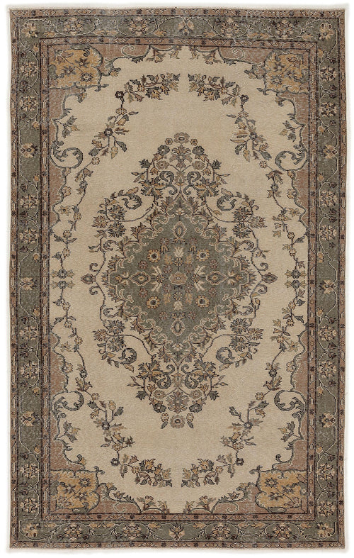 Load image 1 in gallery view. Beige, sage green, and brown traditional rug with a central floral medallion and a decorative border.