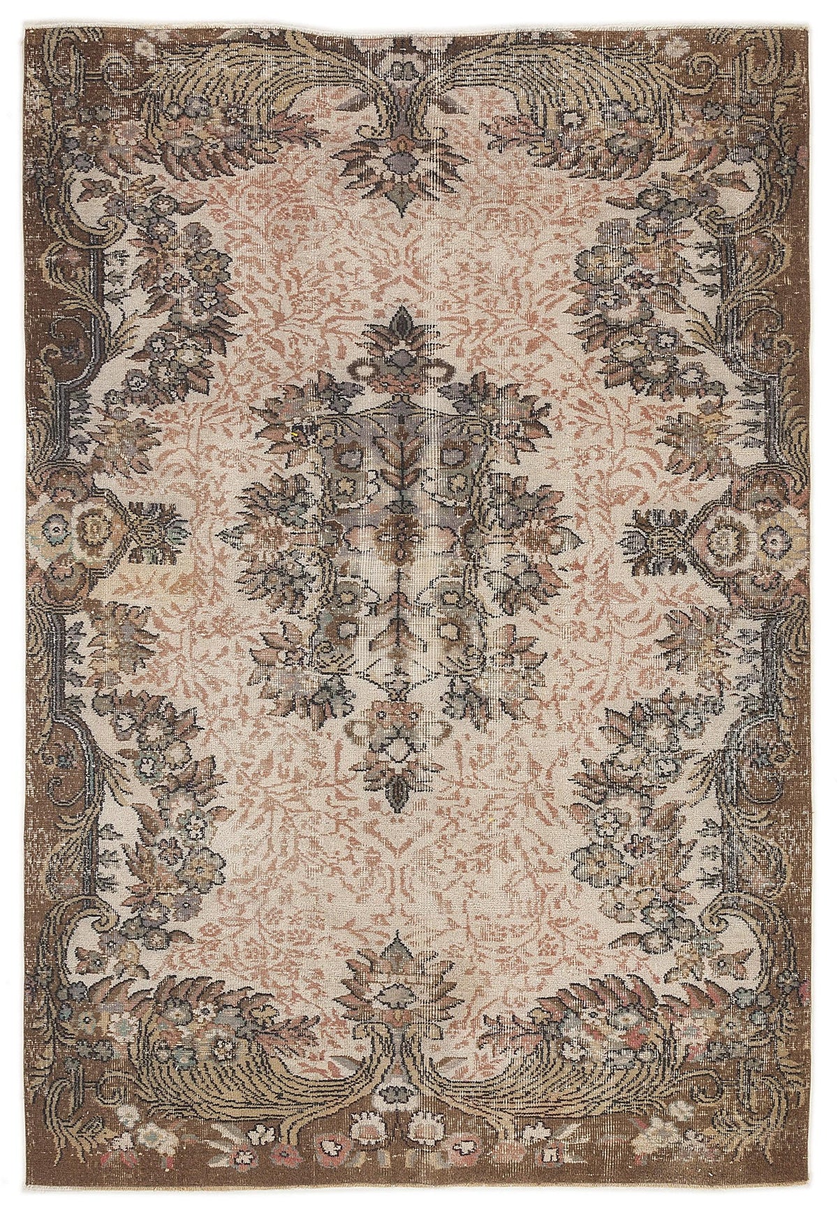 Distressed beige and brown rug with a central floral medallion and ornate botanical border.