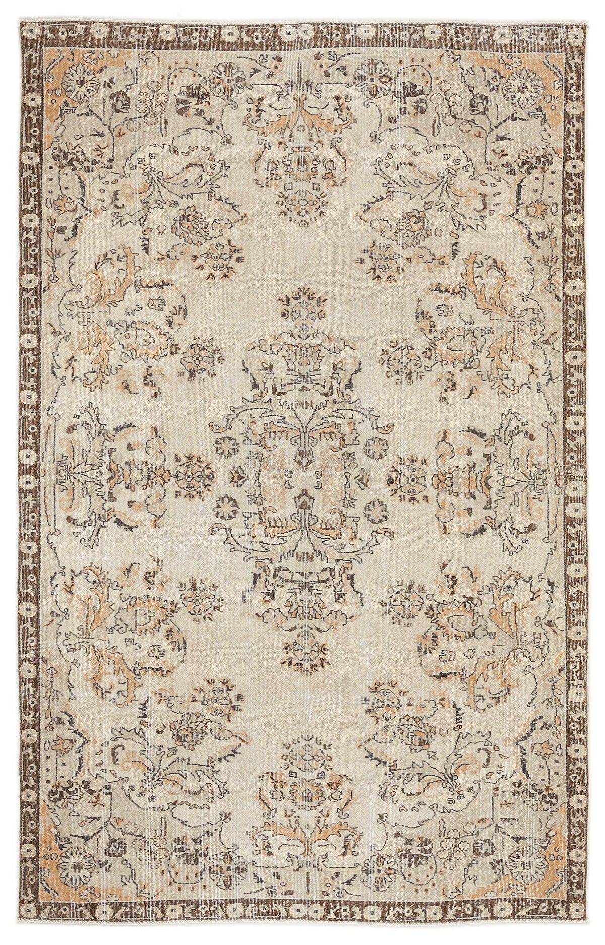 Beige and brown traditional rug with a central floral medallion and ornate border pattern.