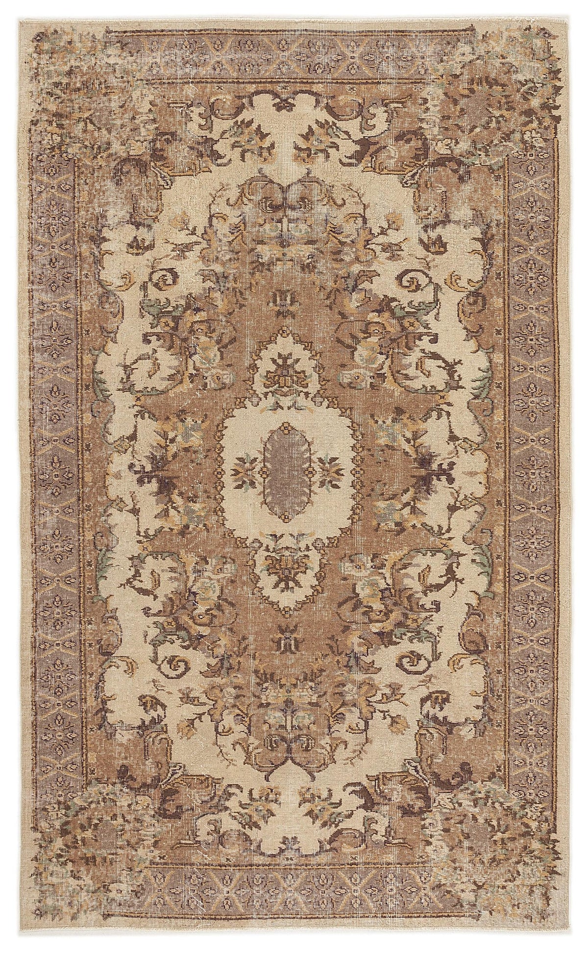 Beige and brown traditional rug with a central floral medallion and ornate border pattern.