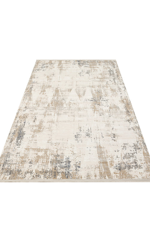 Bild 1 in Galerieansicht laden. Cream, beige, and charcoal grey area rug with a distressed, abstract textured pattern on a white background.