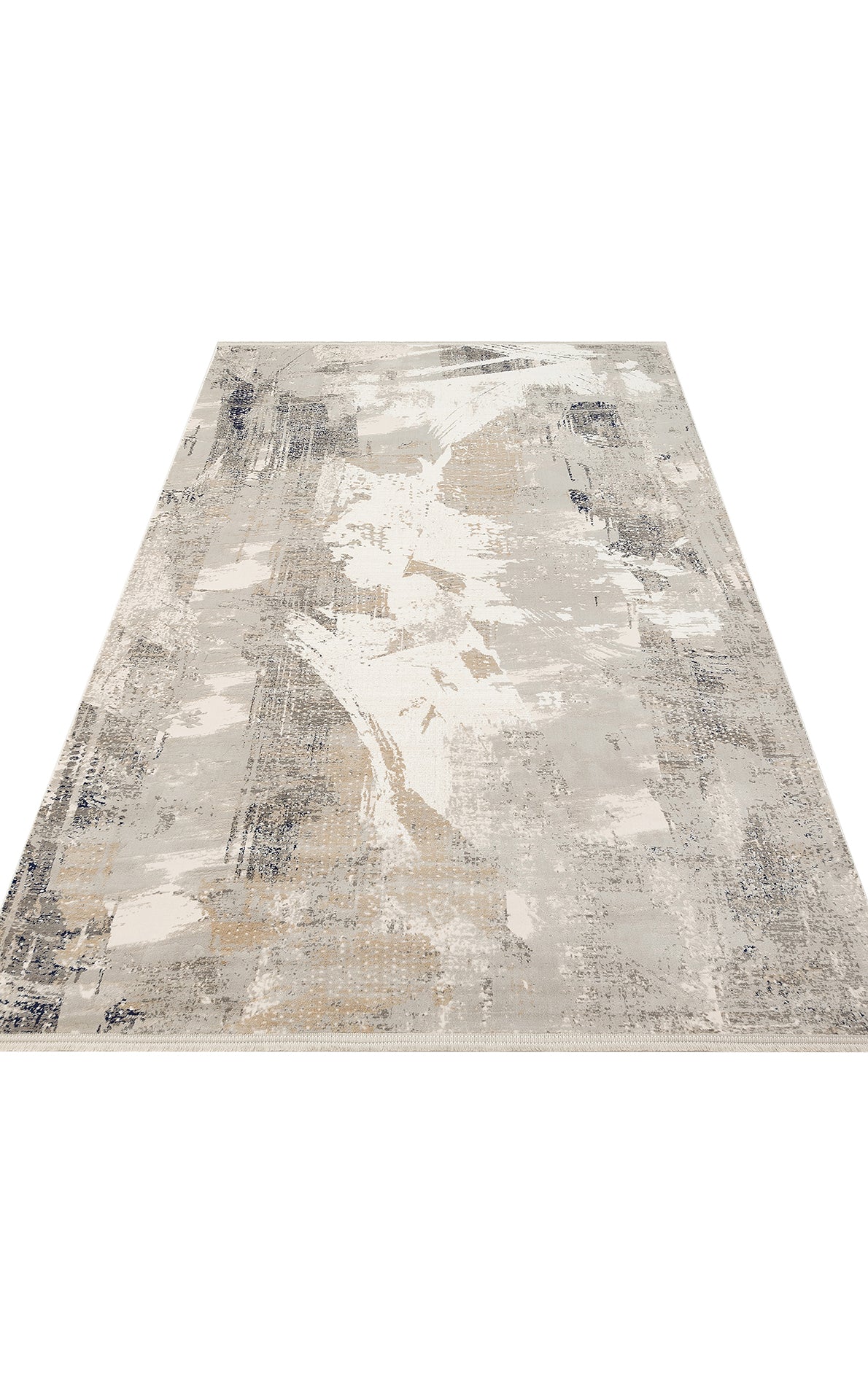 Grey, beige, and white area rug with an abstract, distressed brushstroke pattern on a white background.