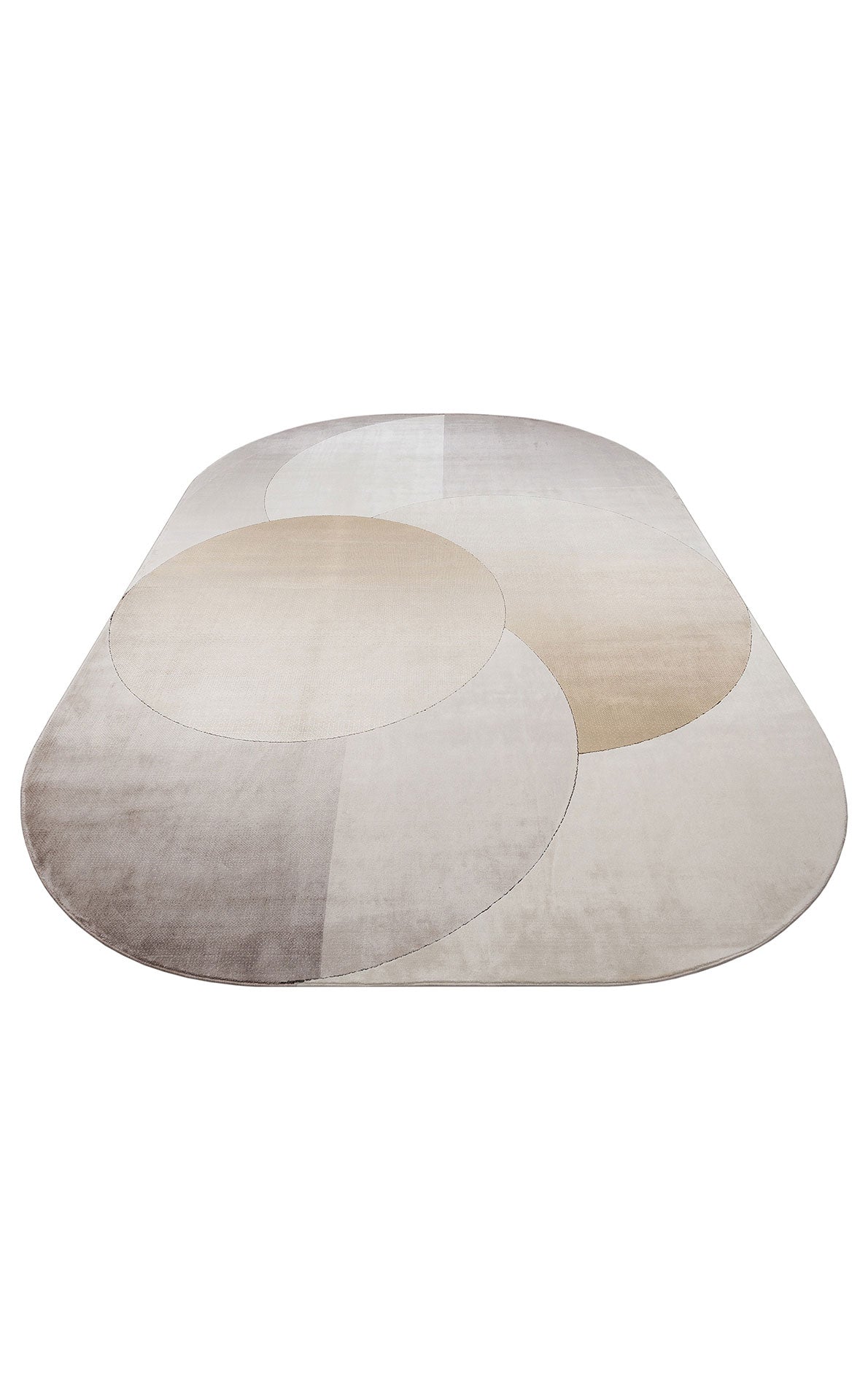 Oval rug in shades of beige and grey featuring an overlapping circular geometric pattern.