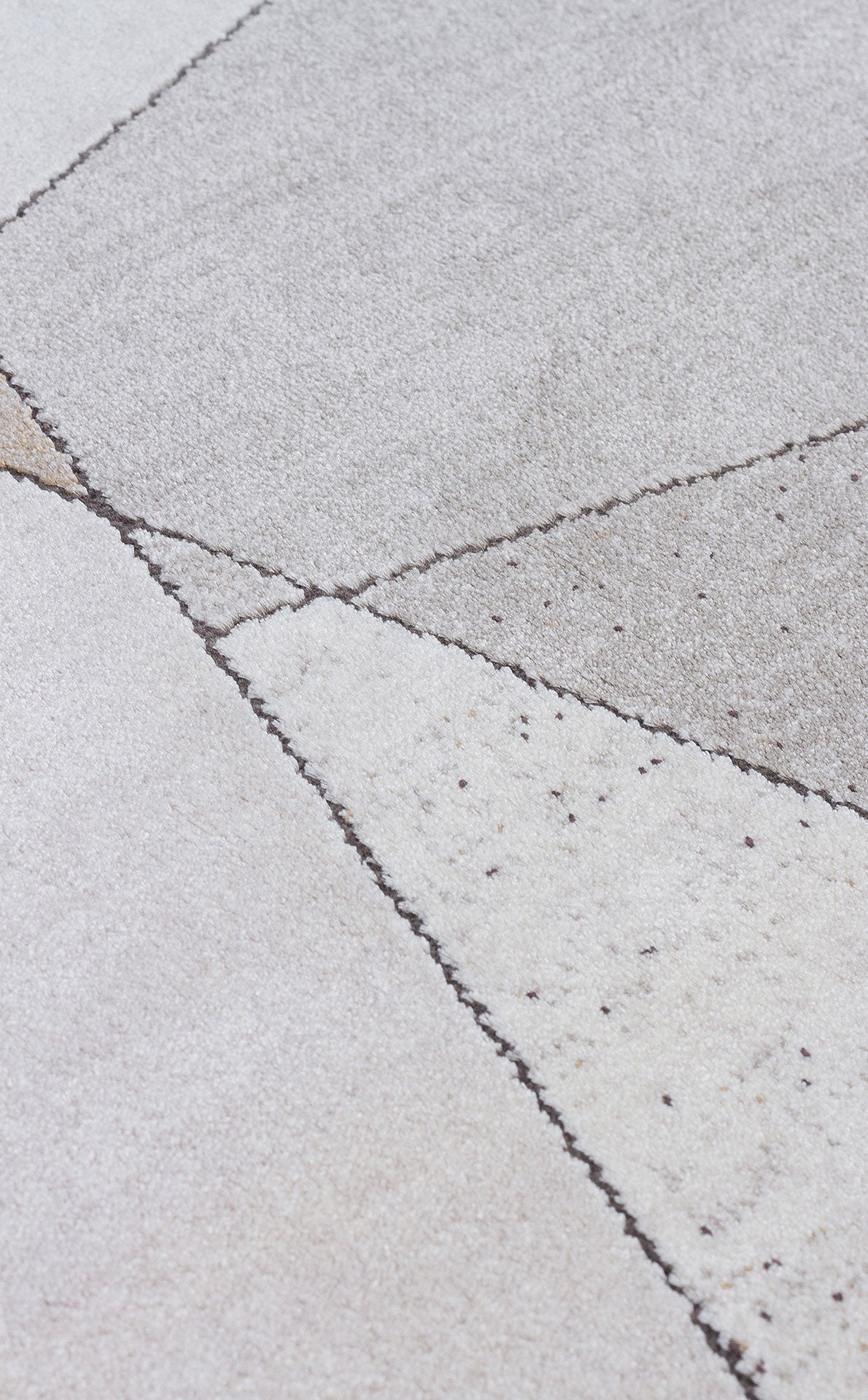 Light gray and beige rug with a minimalist geometric pattern defined by thin, dark brown linear accents.