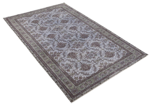 Load image 1 in gallery view. Grey and sage green vintage-style rug with a distressed floral medallion pattern and a decorative border.