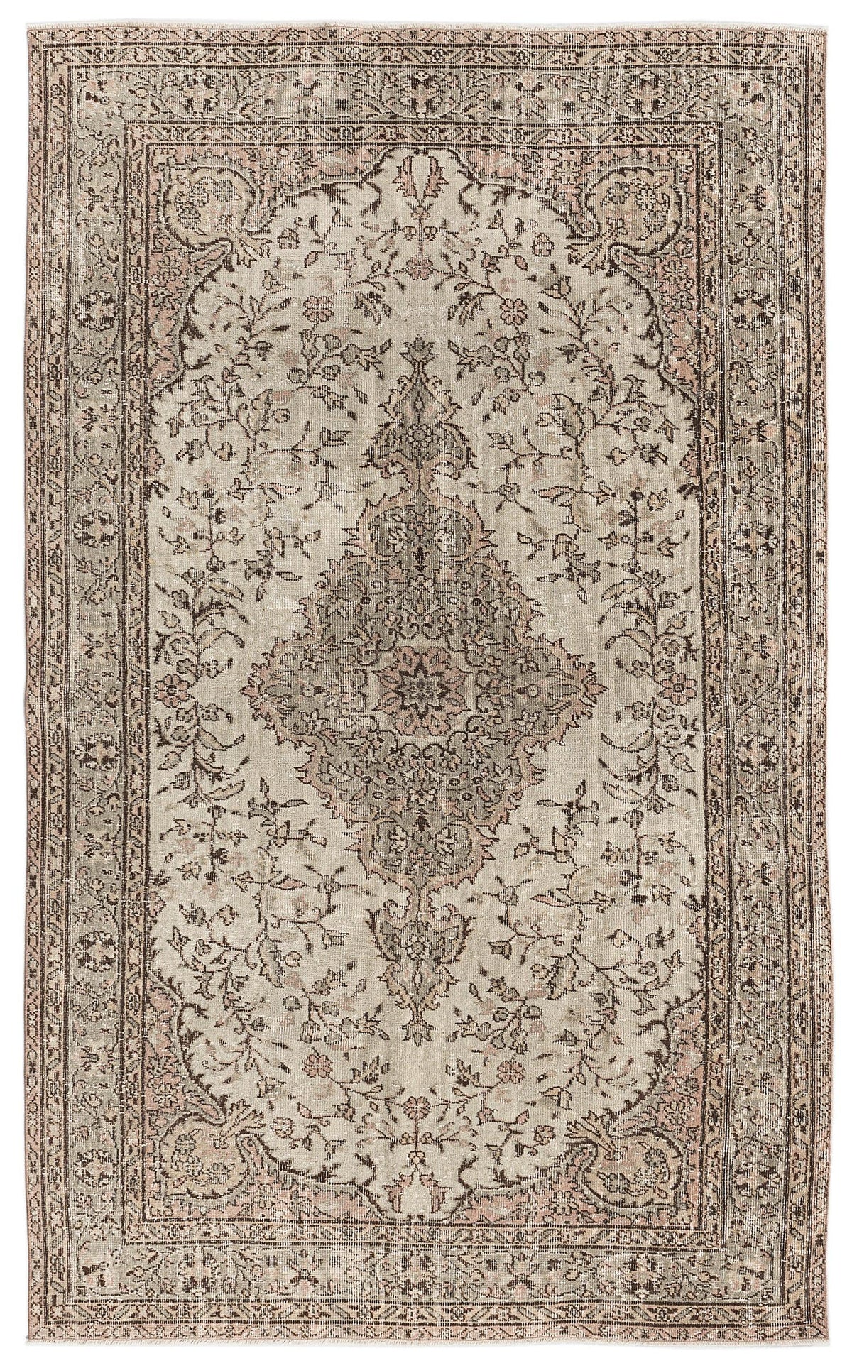 Beige and charcoal vintage-style rug with a central floral medallion and intricate botanical border.