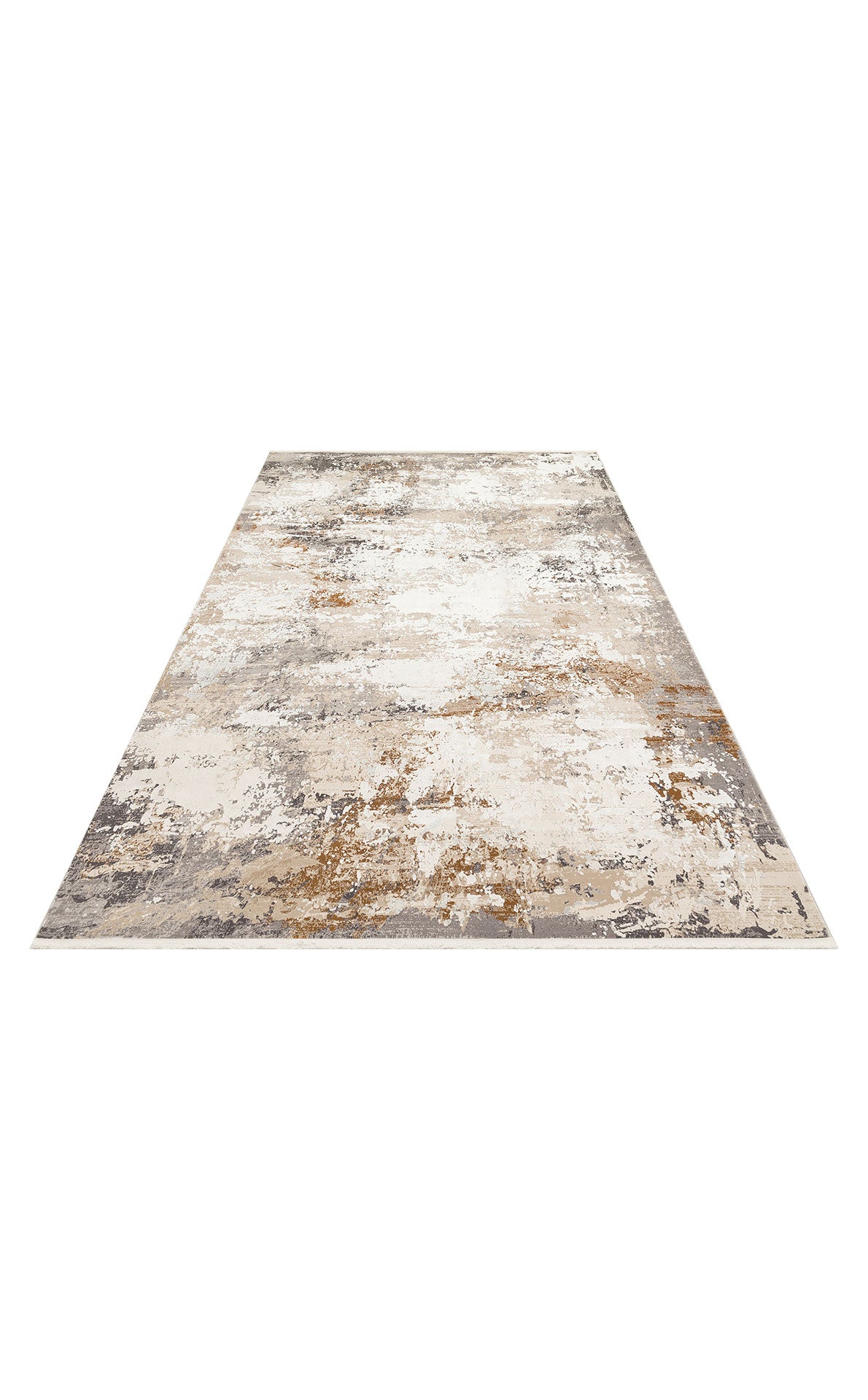 White, grey, and ochre abstract area rug with a distressed, painterly texture on a white background.