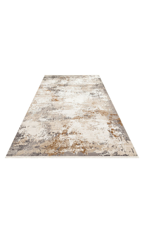 Bild 1 in Galerieansicht laden. White, grey, and ochre abstract area rug with a distressed, painterly texture on a white background.
