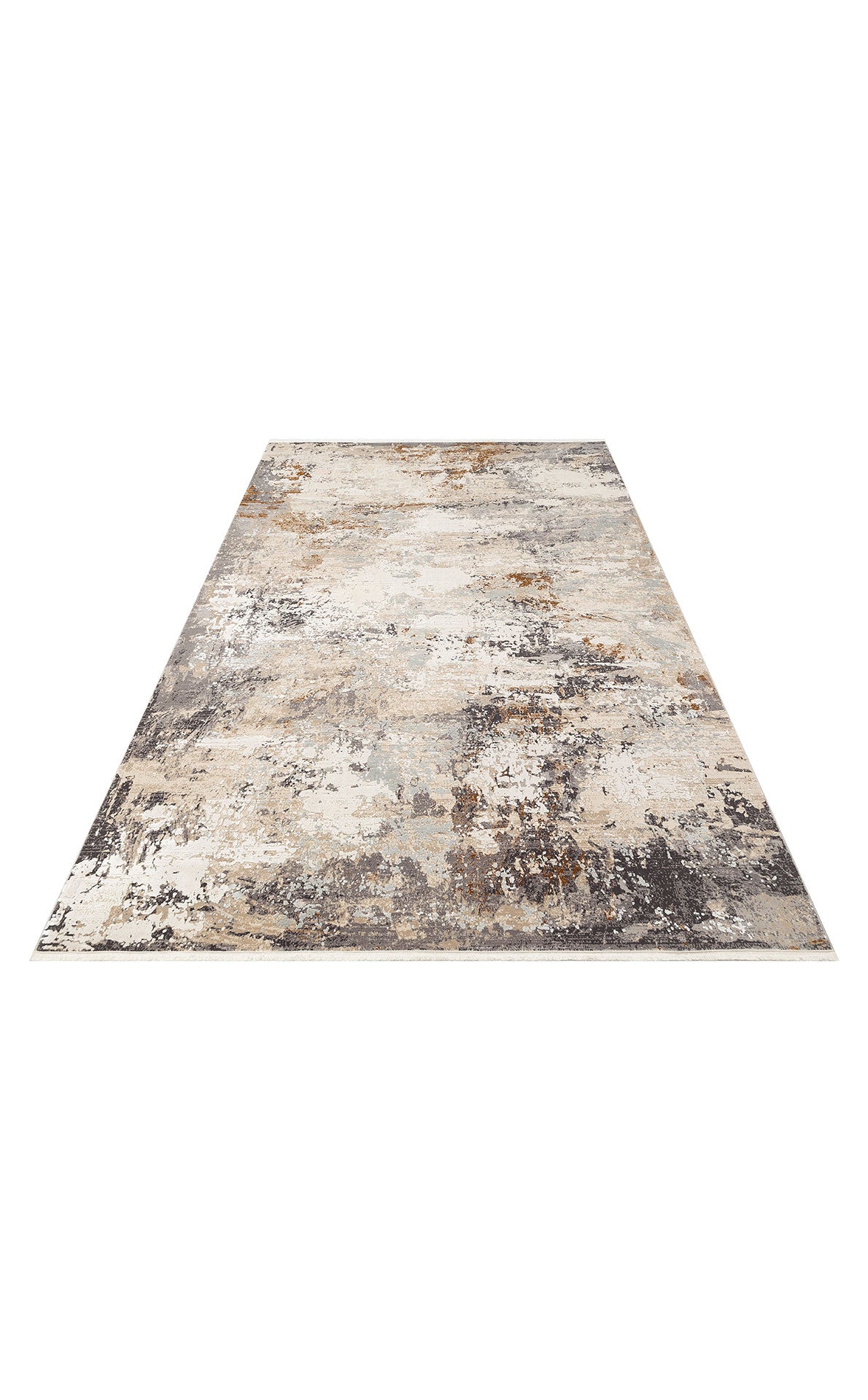 Beige, grey, and charcoal abstract area rug with a distressed, painterly texture on a white background.