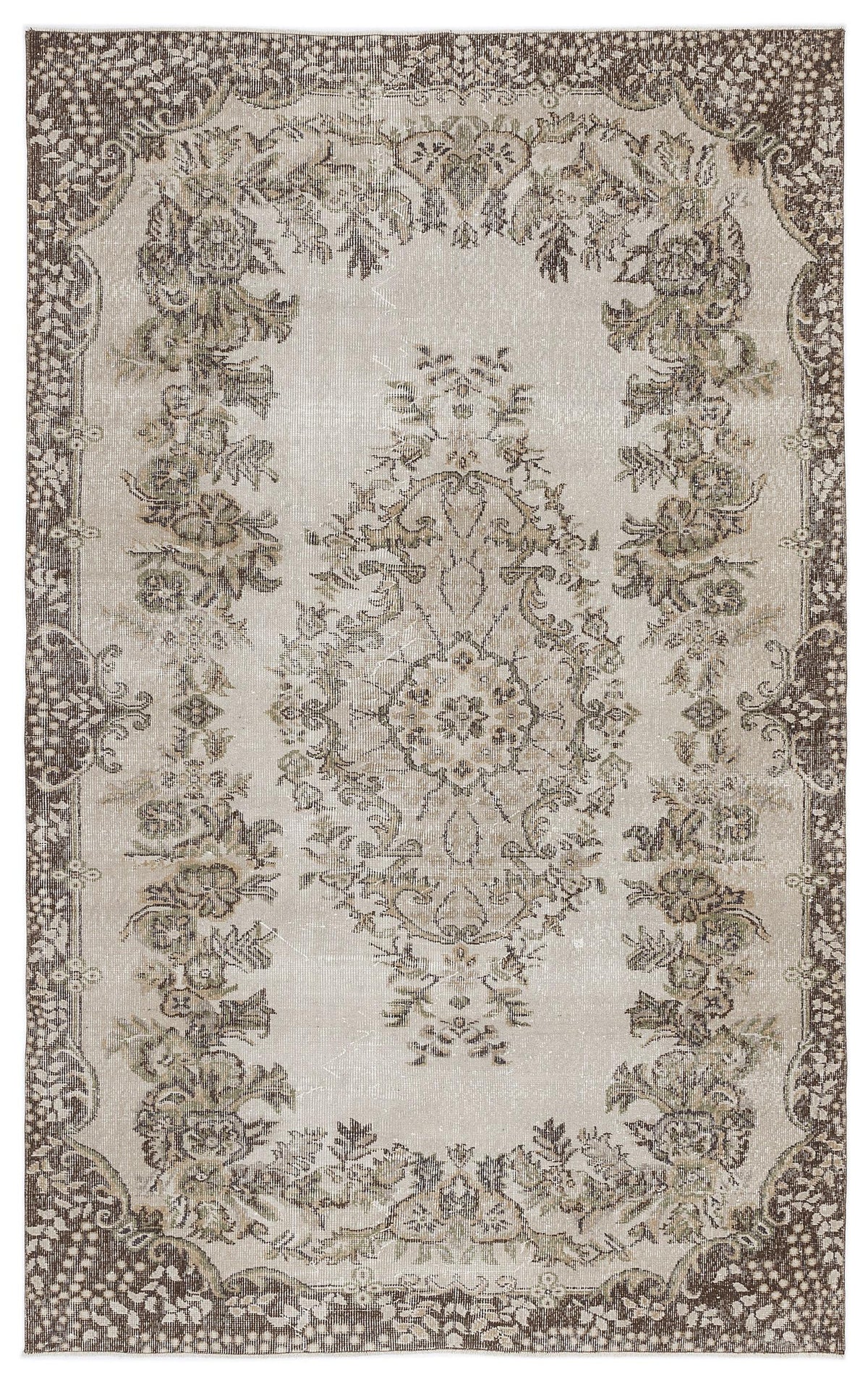Distressed beige and brown traditional rug with a central floral medallion and ornate border pattern.