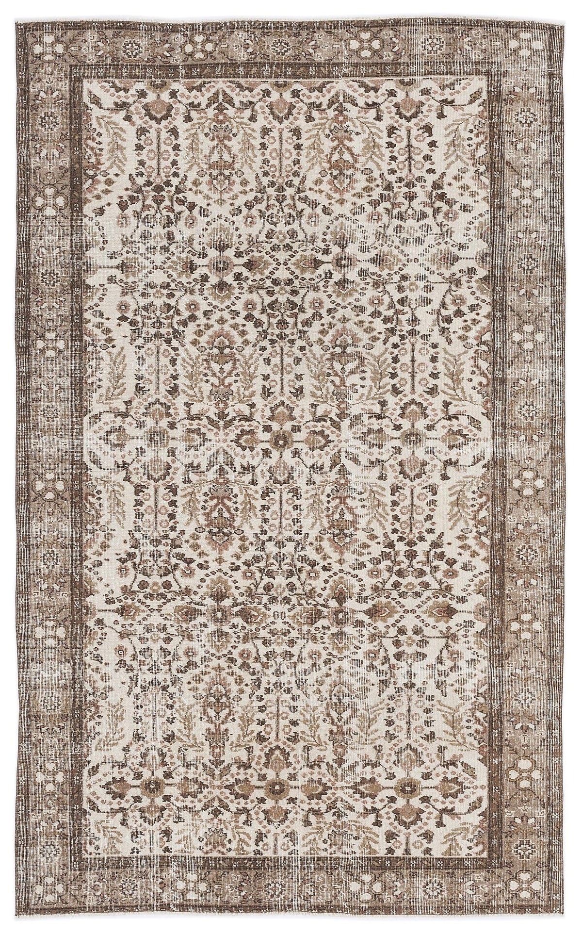 Beige and brown vintage-style rug with a distressed floral medallion pattern and a wide decorative border.