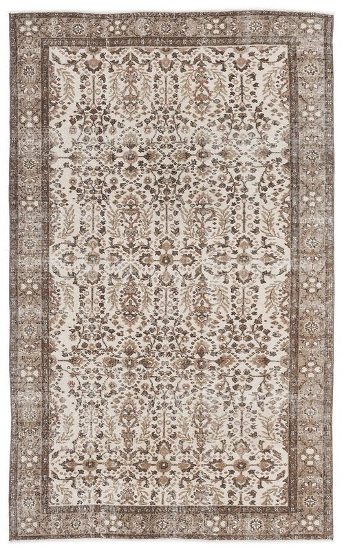 Load image 1 in gallery view. Beige and brown vintage-style rug with a distressed floral medallion pattern and a wide decorative border.