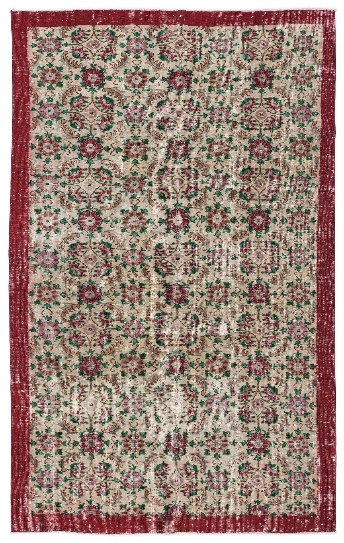 Beige vintage-style rug with a repeating floral medallion pattern in red, green, and pink, framed by a solid red border.