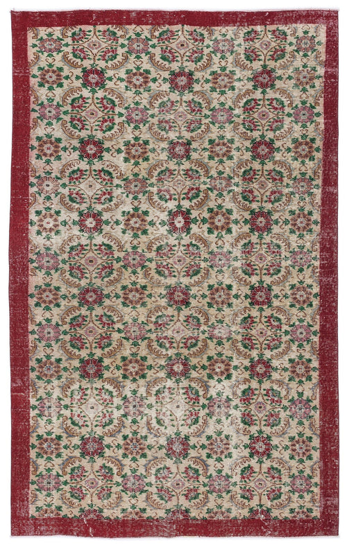Load image 1 in gallery view. Beige vintage-style rug with a repeating floral medallion pattern in red, green, and pink, framed by a solid red border.
