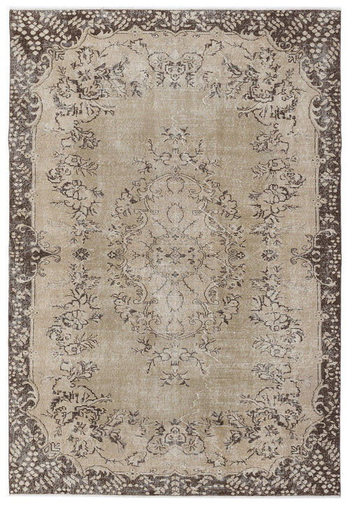 Load image 1 in gallery view. Distressed beige and dark brown traditional rug with a central floral medallion and ornate border.