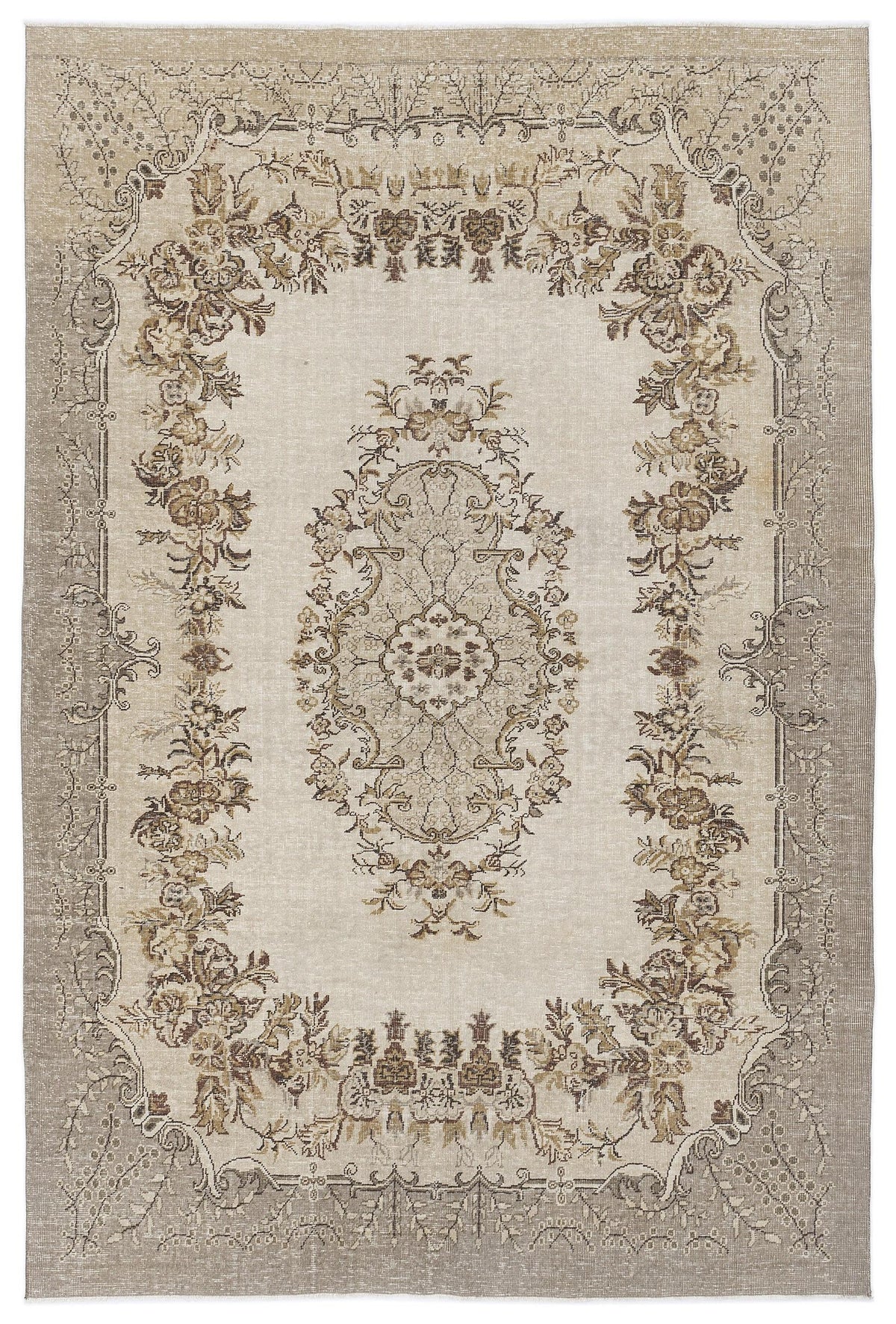 Beige and taupe vintage-style rug with a central floral medallion and ornate botanical border on a white background.