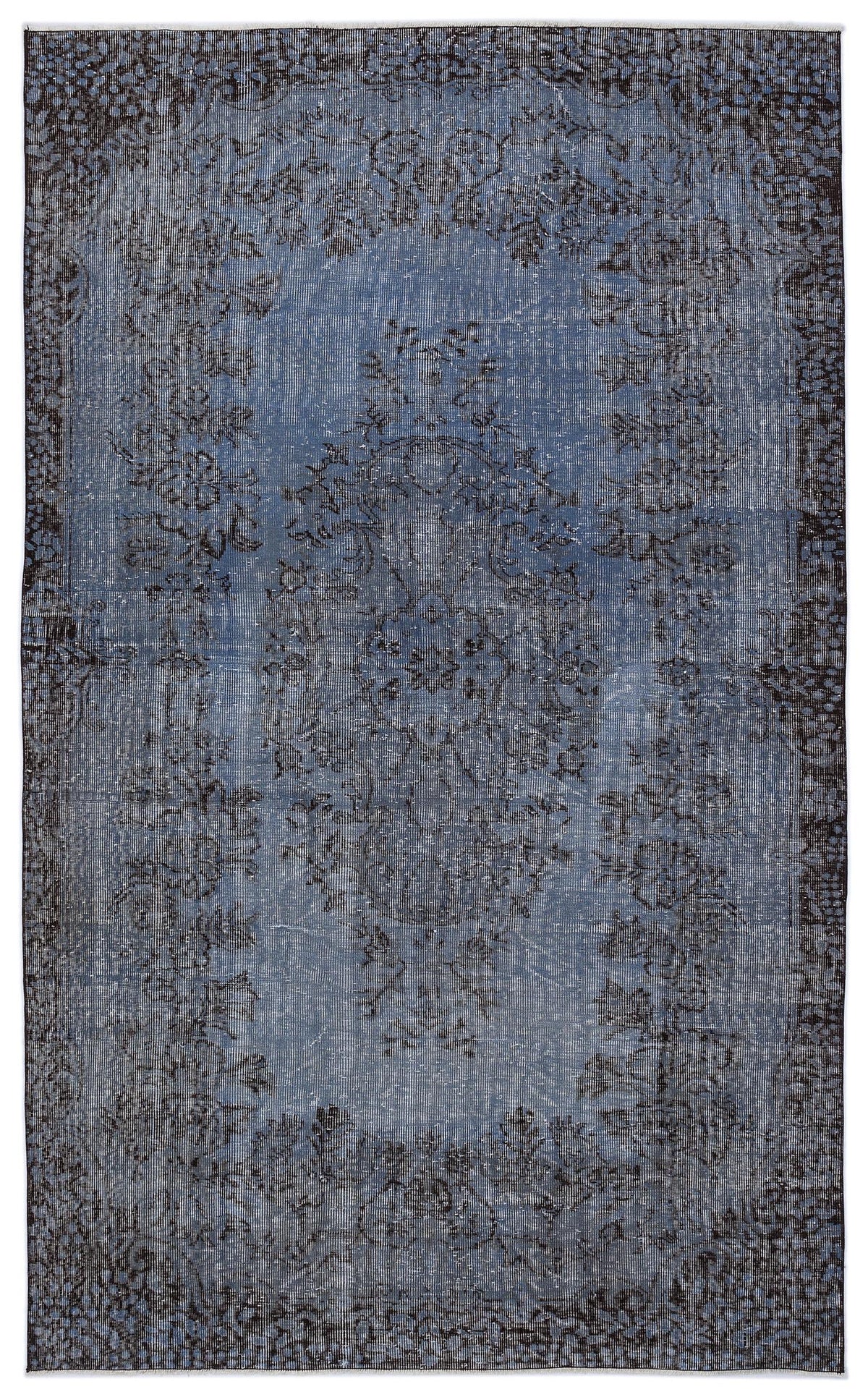 Distressed blue and black traditional rug with a central floral medallion and ornate border.