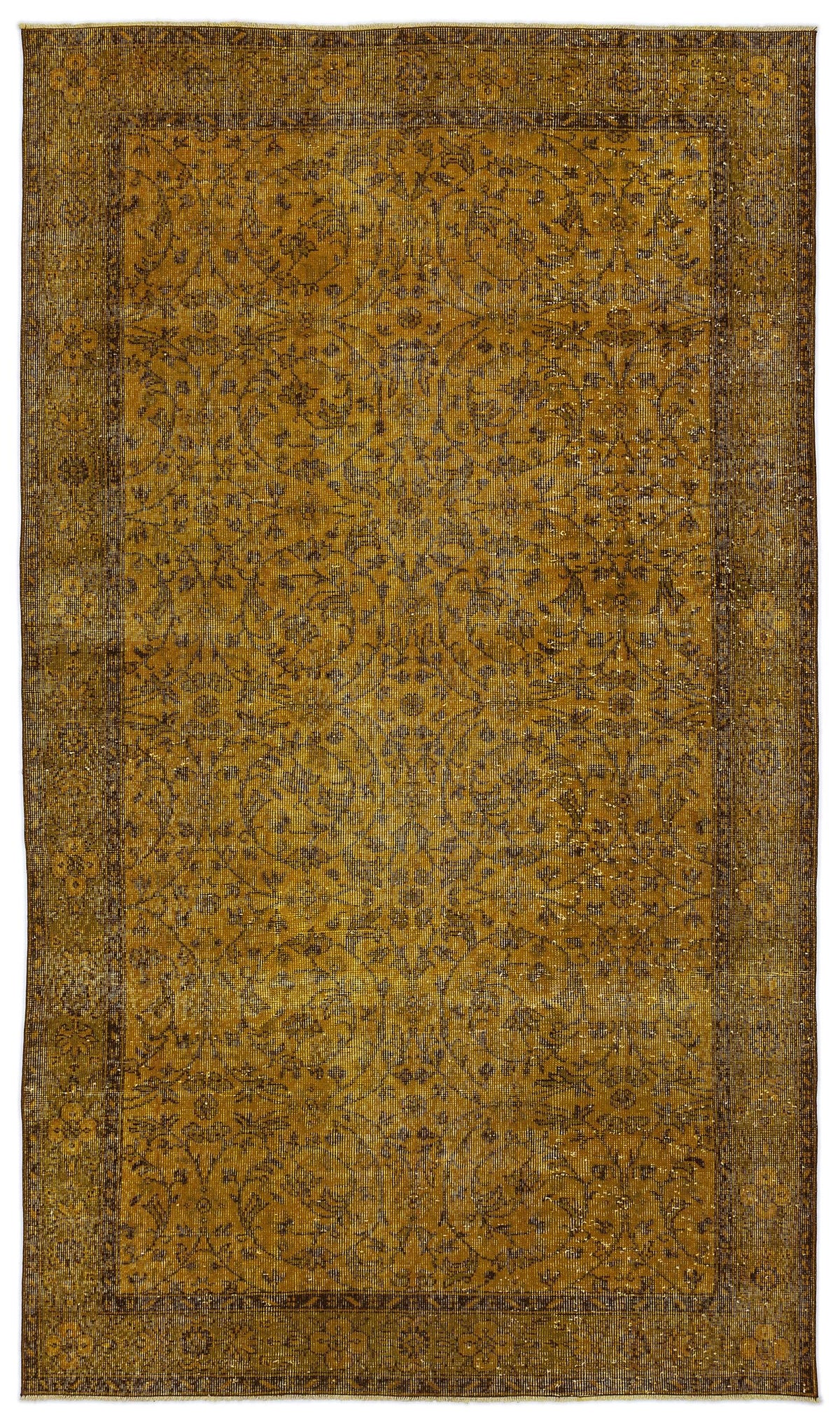 Mustard yellow vintage-style rug with a dark brown floral medallion pattern and a wide decorative border.