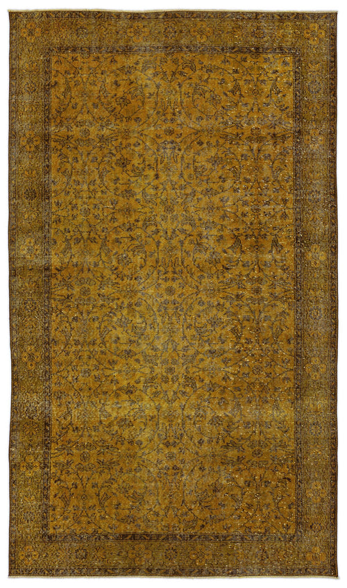 Load image 1 in gallery view. Mustard yellow vintage-style rug with a dark brown floral medallion pattern and a wide decorative border.