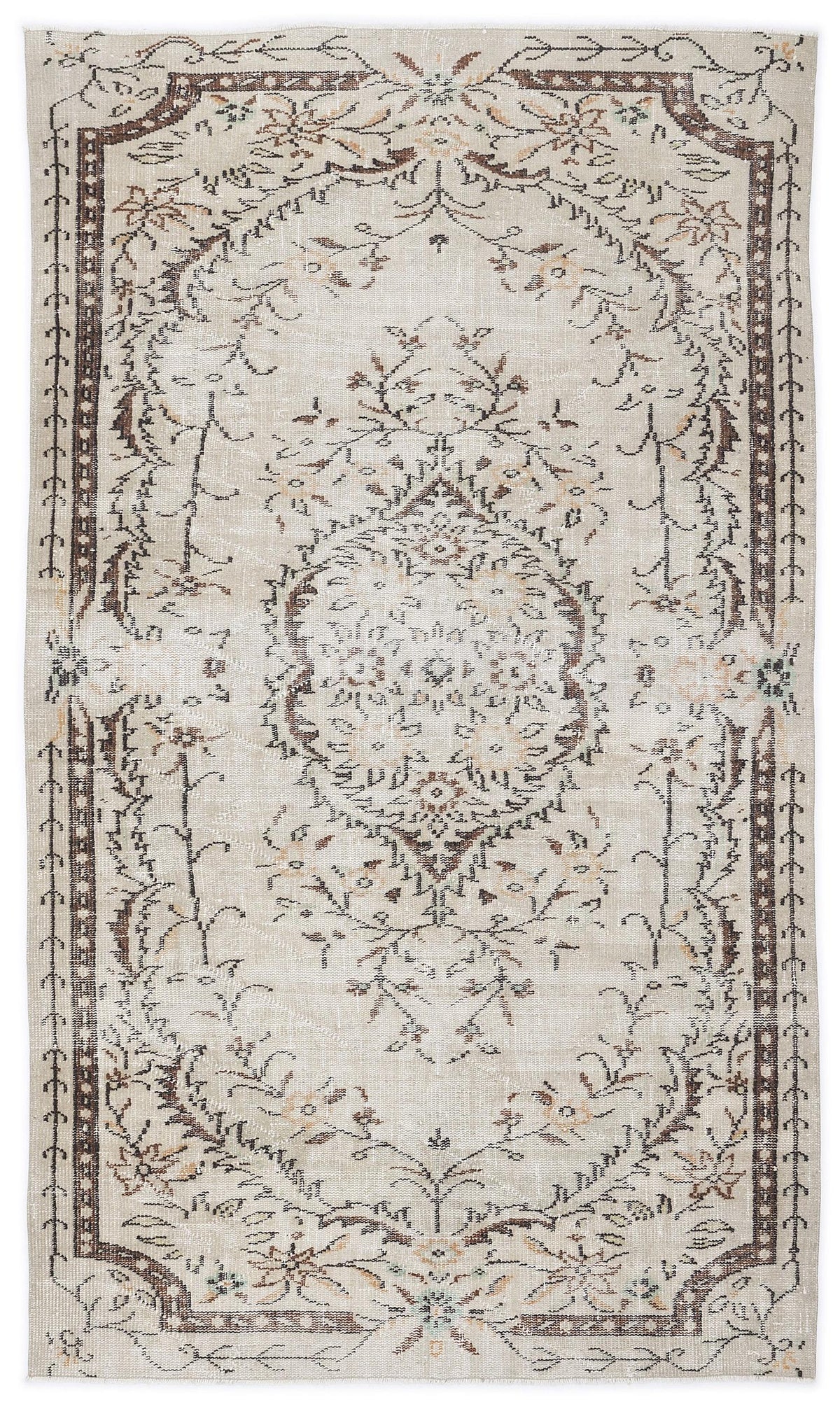 Beige vintage-style rug with a central brown floral medallion and a decorative border on a white background.