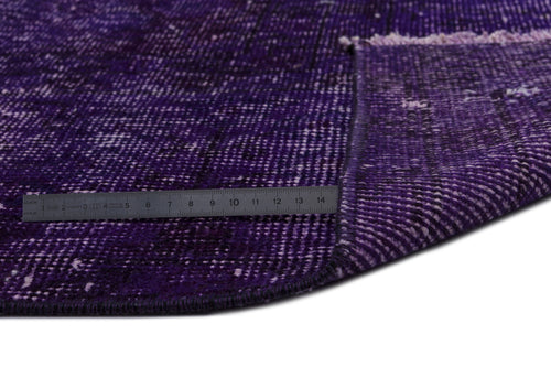 Load image 1 in gallery view. Deep purple distressed rug with a white grid pattern and a metal ruler showing pile height on a white background.