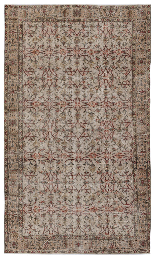Load image 1 in gallery view. Beige and taupe vintage-style rug with a distressed floral vine pattern and a decorative border.