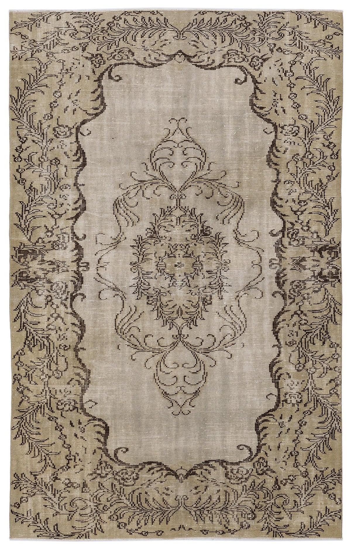 Taupe and dark brown vintage-style rug with a central floral medallion and ornate botanical border.