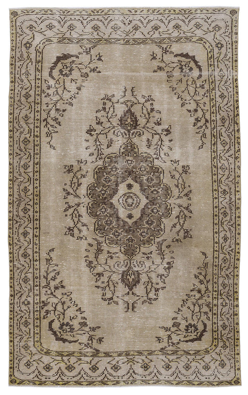 Load image 1 in gallery view. Beige and brown vintage-style rug with a central floral medallion and a decorative geometric border.