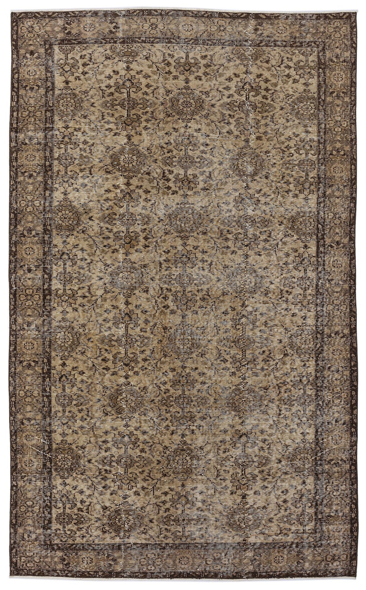 Distressed brown and beige traditional rug with an intricate floral medallion pattern and a wide decorative border.