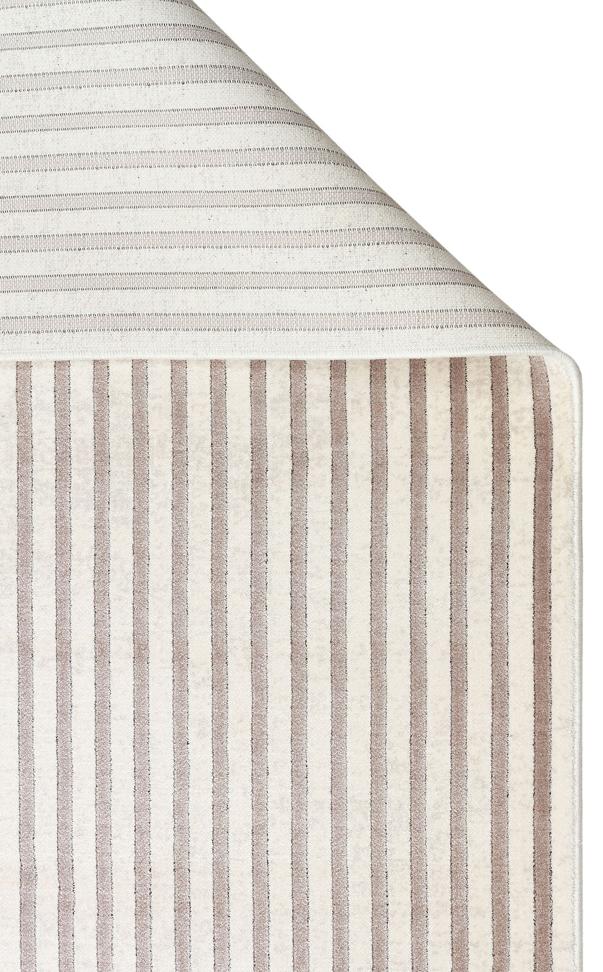 Cream and taupe striped rug with a folded corner revealing the woven backing.