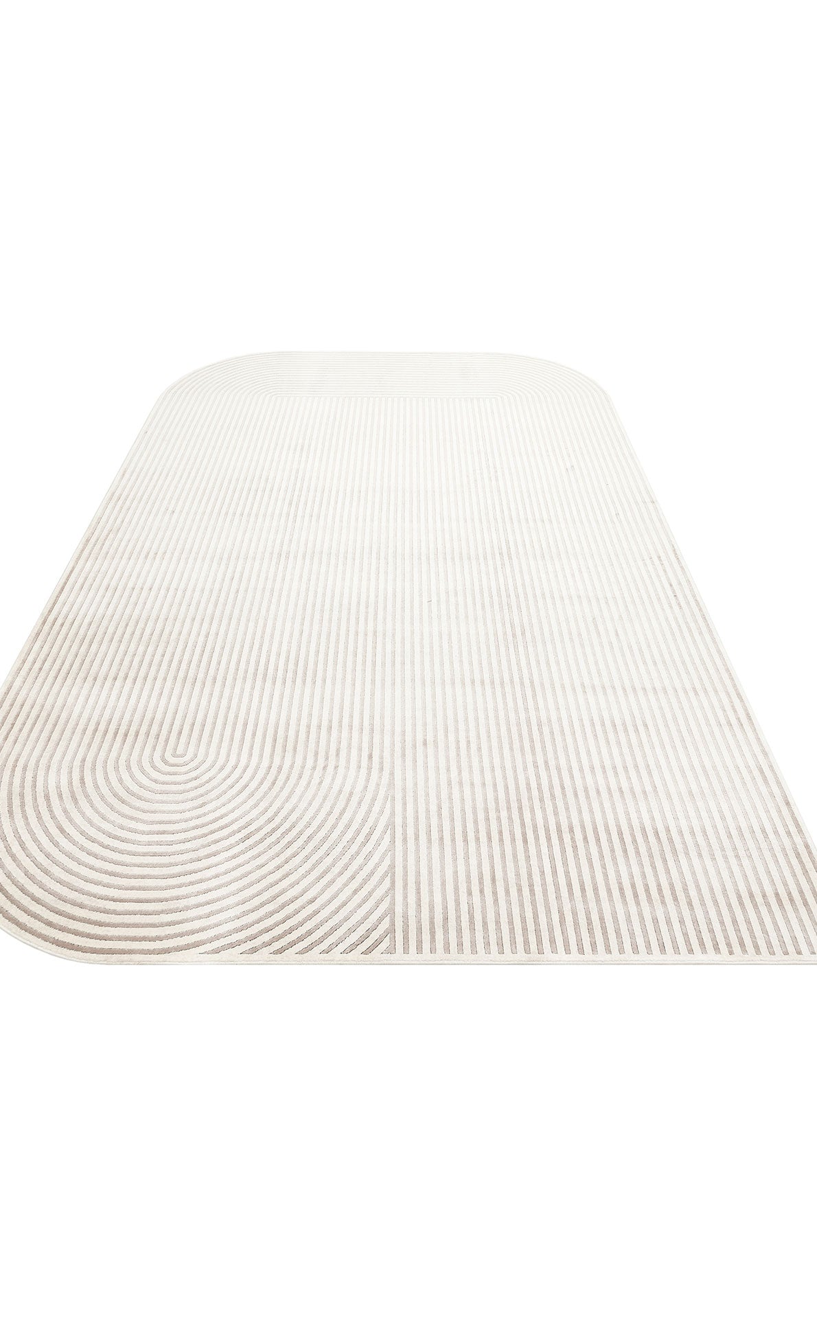 Cream and beige oval rug with a minimalist linear pattern of concentric curves and vertical stripes.