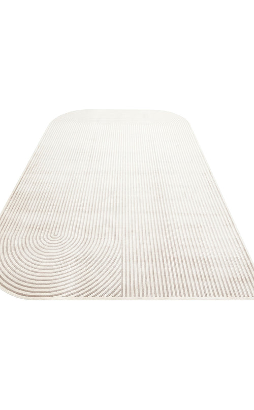 Load image 1 in gallery view. Cream and beige oval rug with a minimalist linear pattern of concentric curves and vertical stripes.