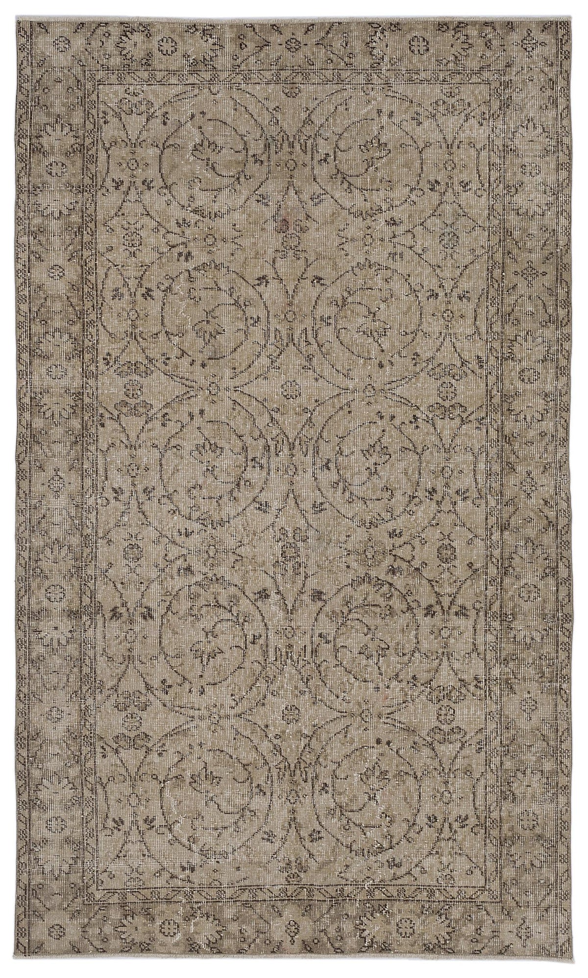 Taupe and charcoal distressed rug with a traditional circular floral medallion pattern and a decorative border.