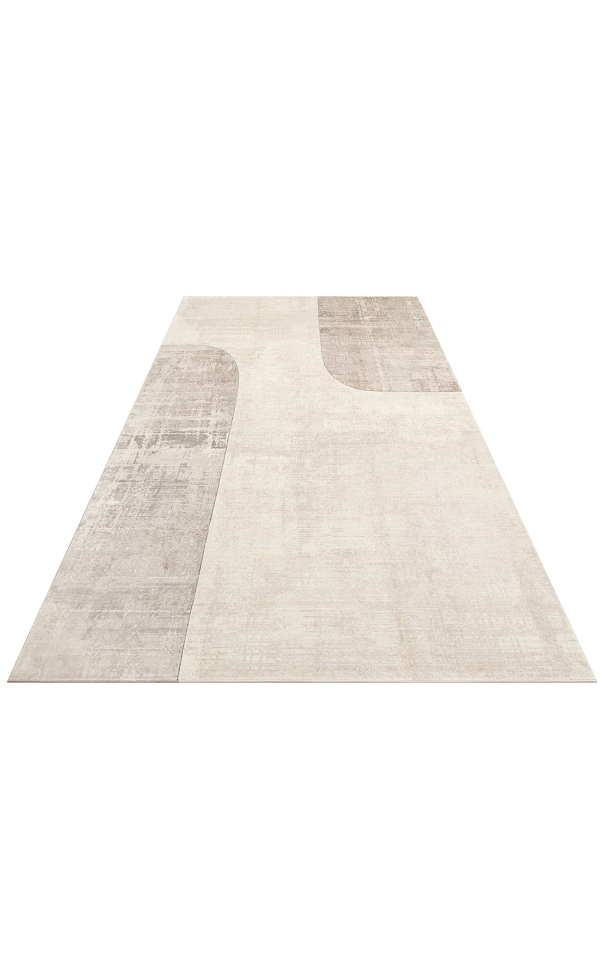 Beige and taupe area rug with an abstract, distressed geometric block pattern on a white background.