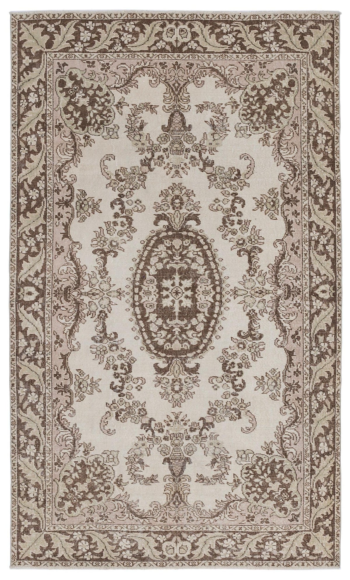 Beige and brown traditional rug with a central floral medallion and ornate border on a white background.