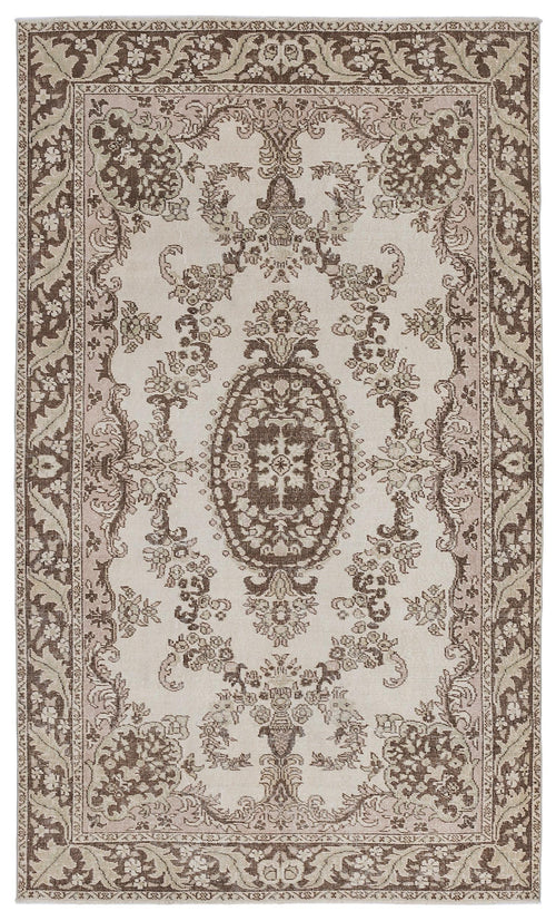 Load image 1 in gallery view. Beige and brown traditional rug with a central floral medallion and ornate border on a white background.