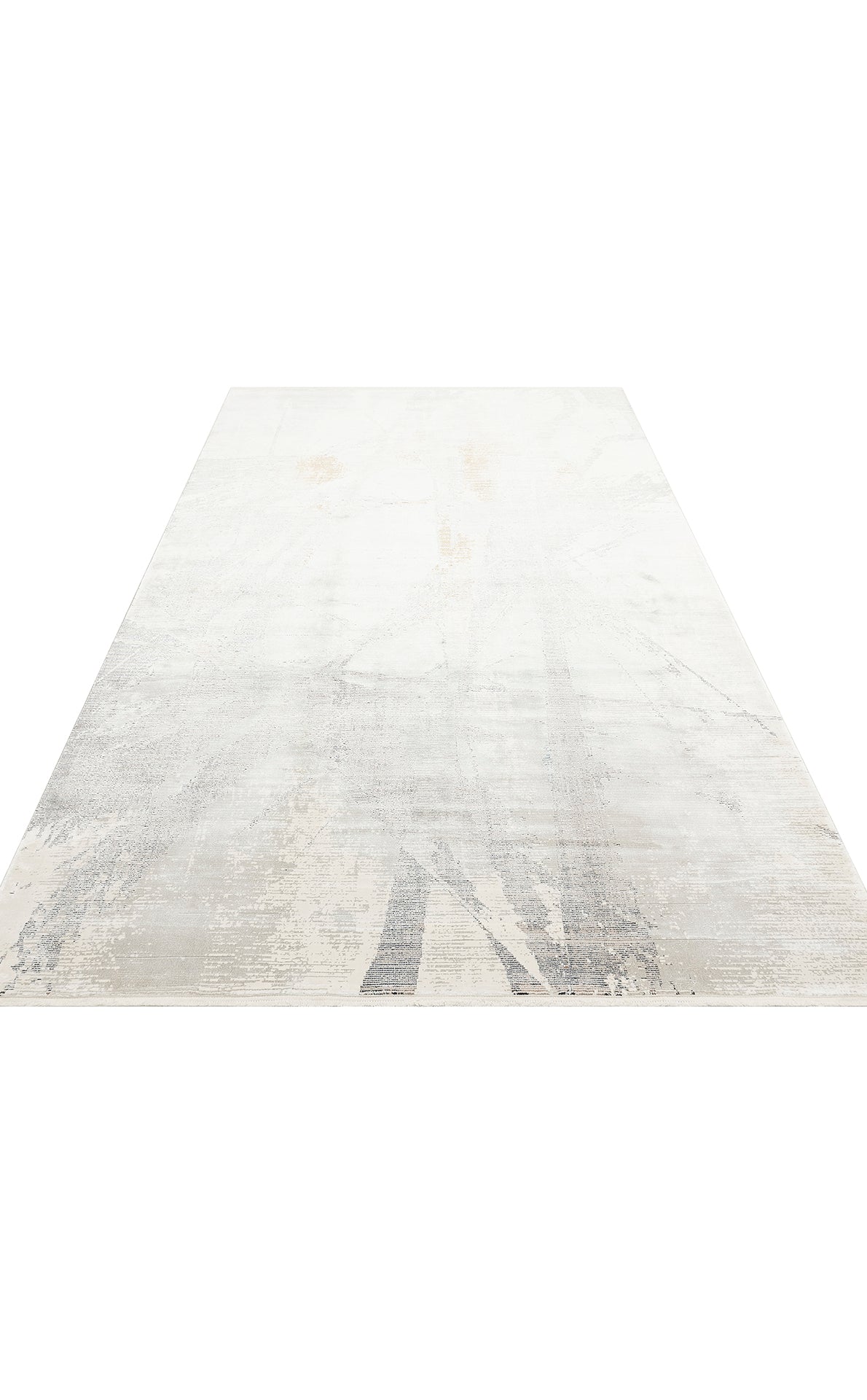 White and grey area rug with a distressed, abstract faded pattern on a white background.