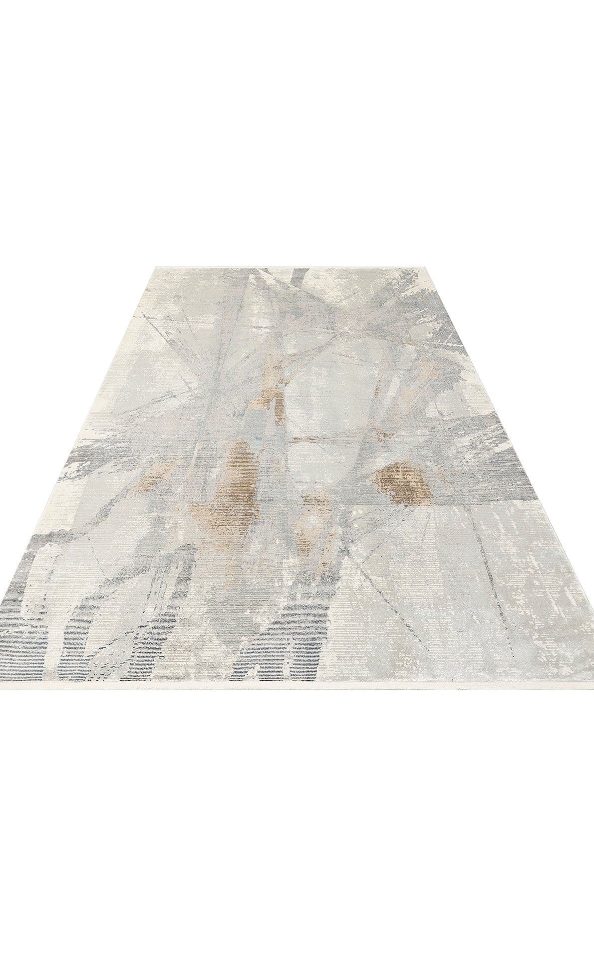 Grey, white, and tan abstract area rug with a distressed, linear brushstroke pattern on a white background.