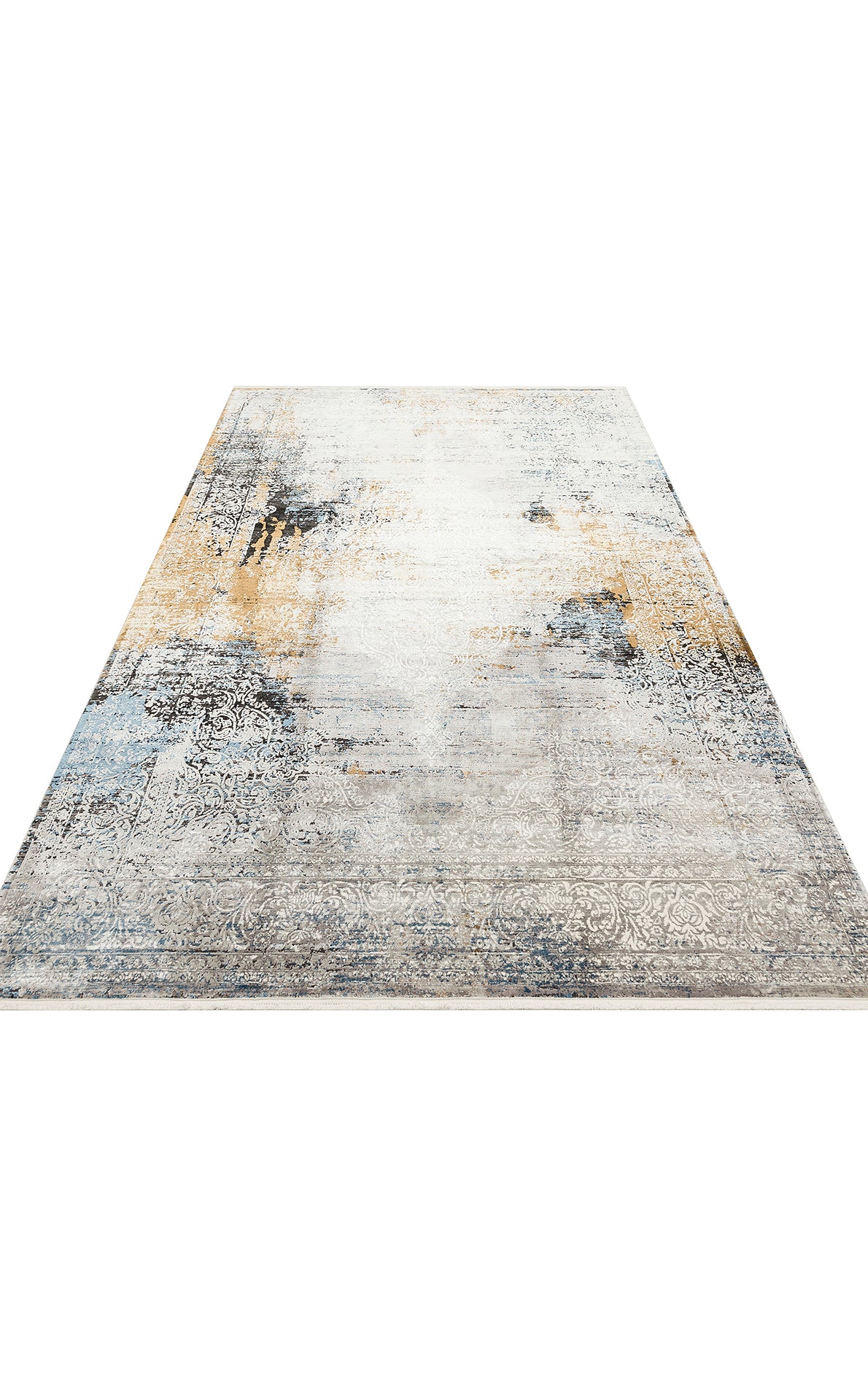 Distressed area rug with a white, grey, blue, and gold abstract pattern featuring faded traditional floral motifs.