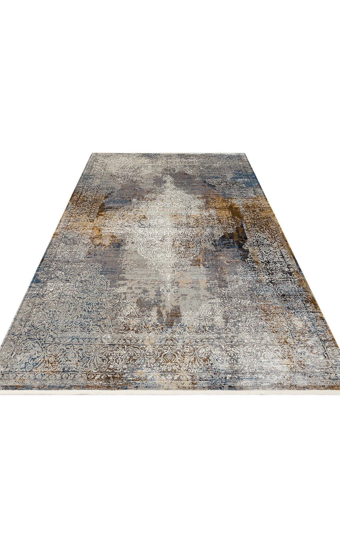 Distressed grey, blue, and gold area rug with a central medallion and ornate border on a white background.