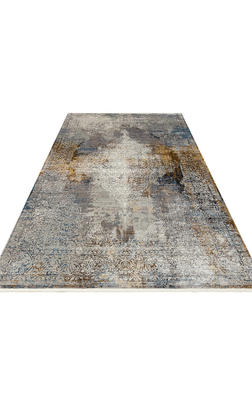 Bild 1 in Galerieansicht laden. Distressed grey, blue, and gold area rug with a central medallion and ornate border on a white background.
