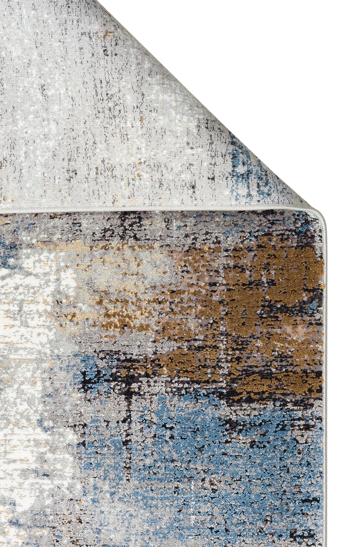 Abstract area rug with a distressed, multi-colored pattern of blue, gold, grey, and black on a white background.