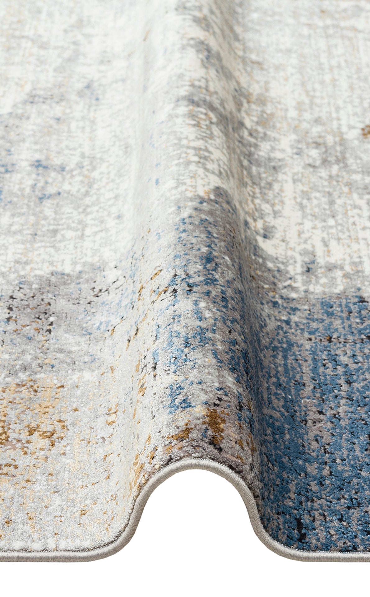 Grey, blue, and gold abstract rug with a distressed, textured pattern on a white background.
