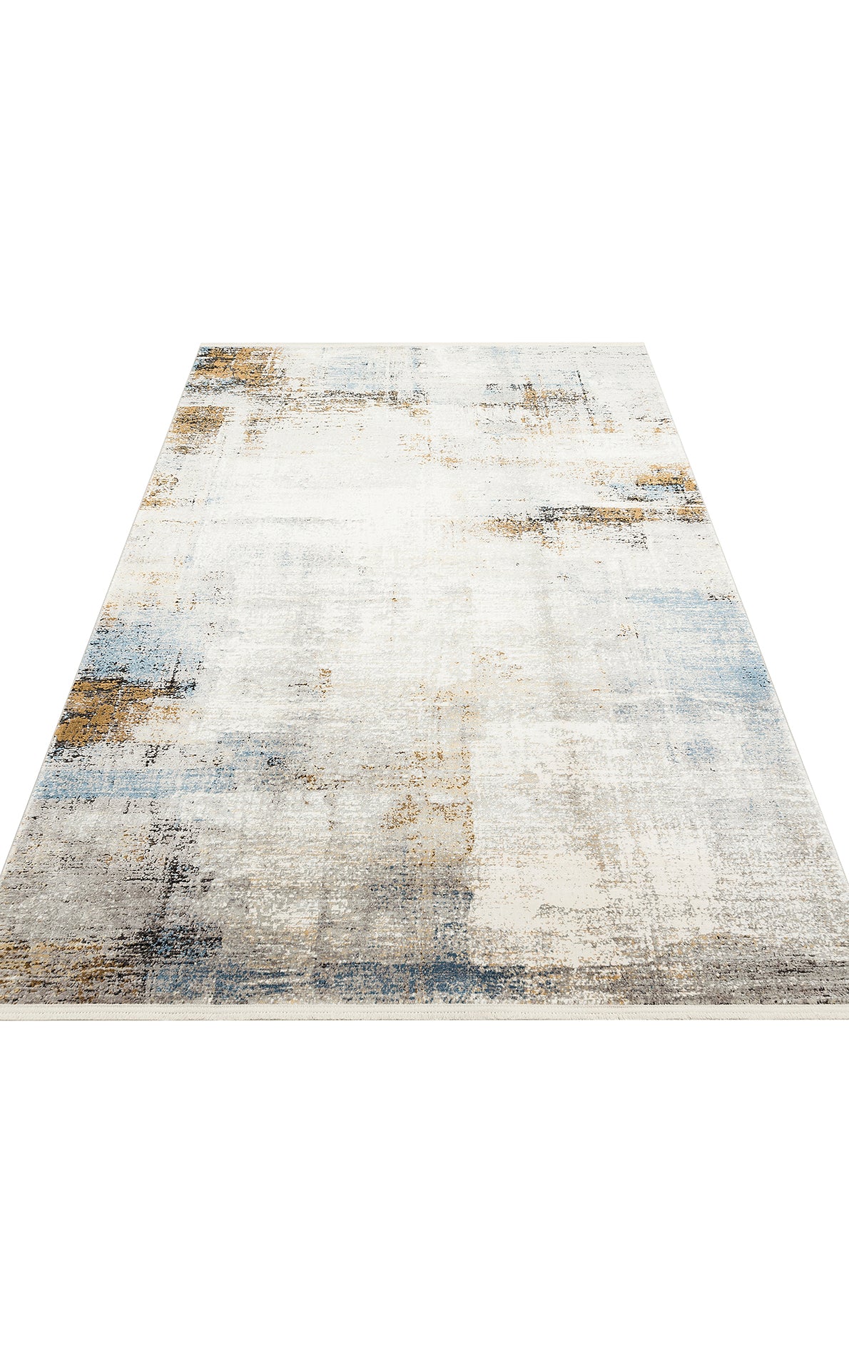 Cream, blue, and ochre abstract area rug with a distressed, painterly texture on a white background.