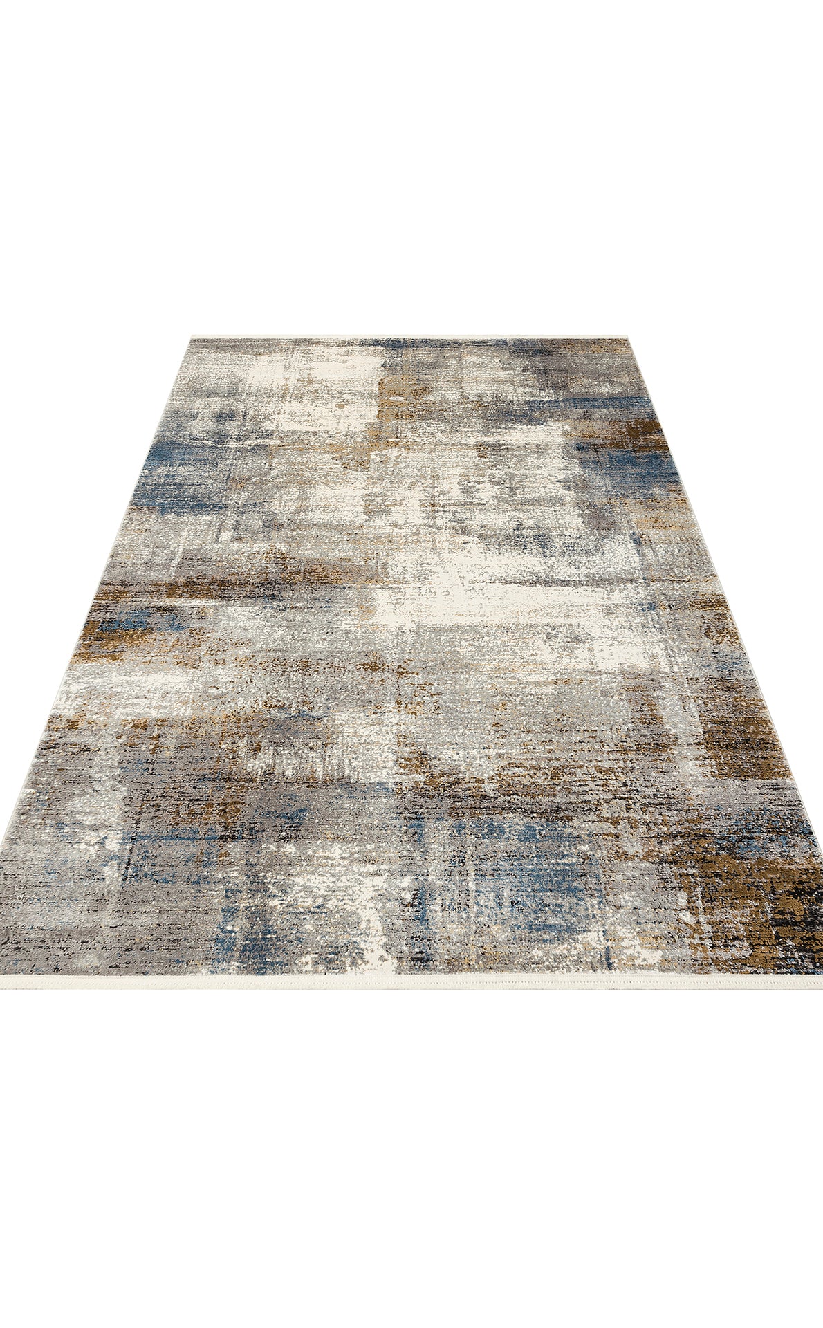 Abstract area rug with a distressed, multi-tonal pattern in shades of blue, brown, grey, and cream on a white background.