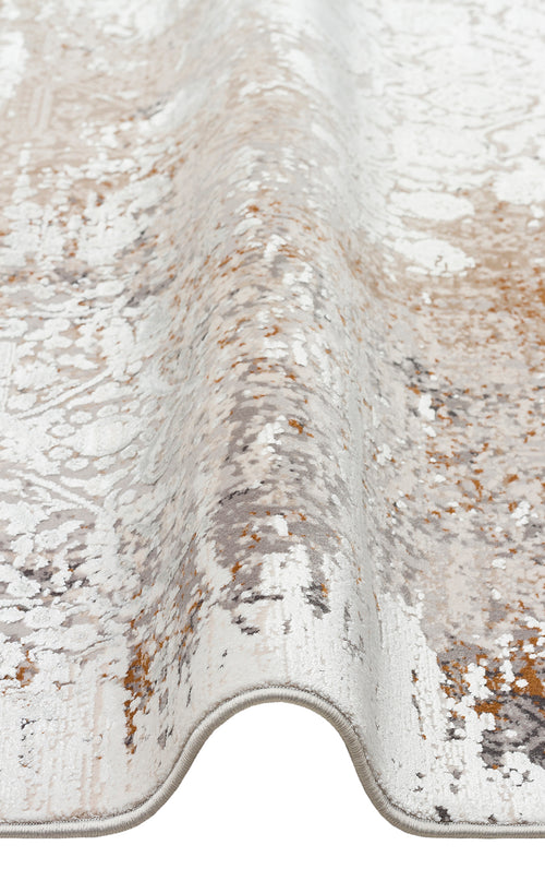 Load image 1 in gallery view. Cream, grey, and rust-colored rug with a distressed, faded traditional medallion pattern.