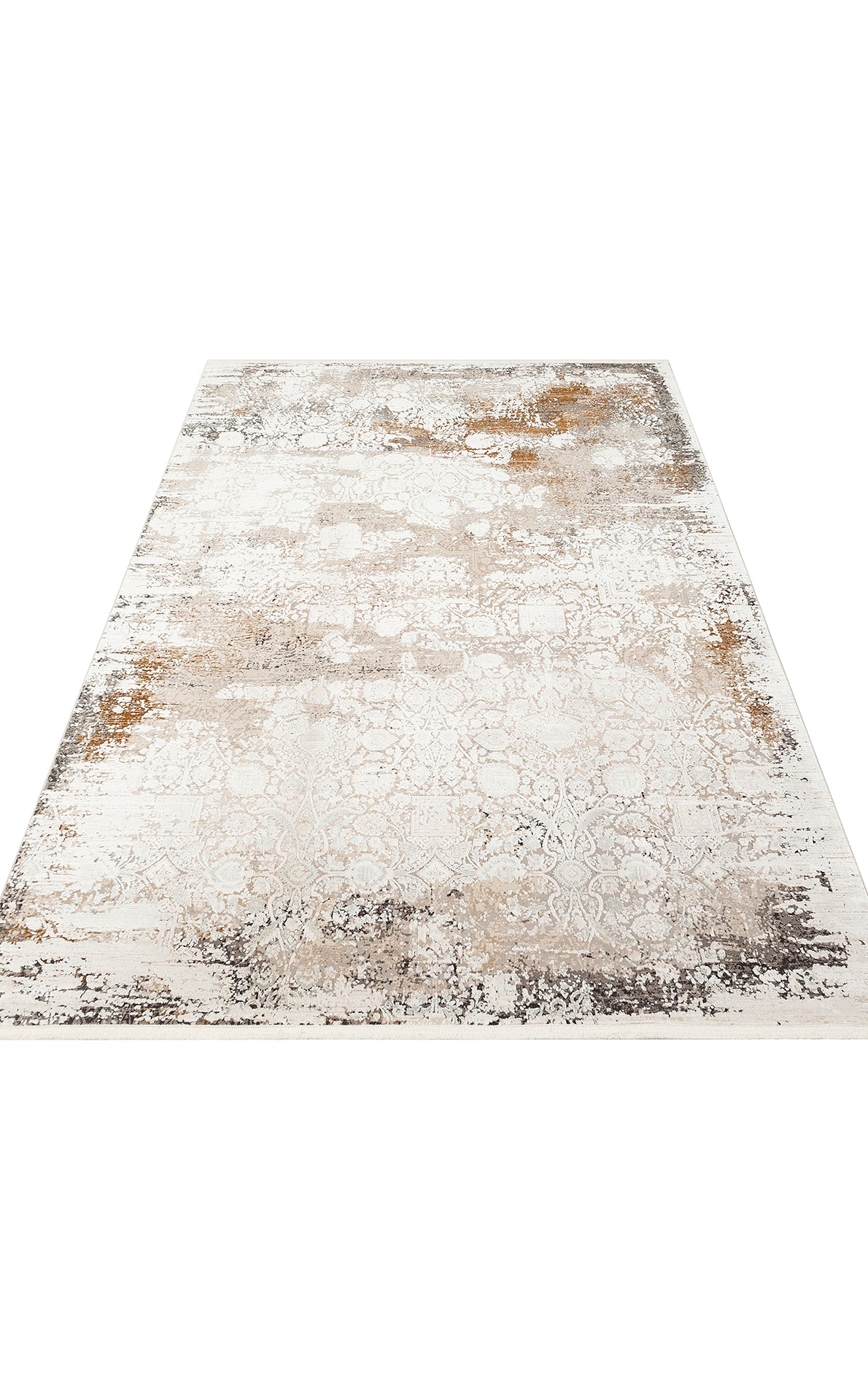 White, beige, and charcoal grey area rug with a distressed, faded traditional medallion pattern.