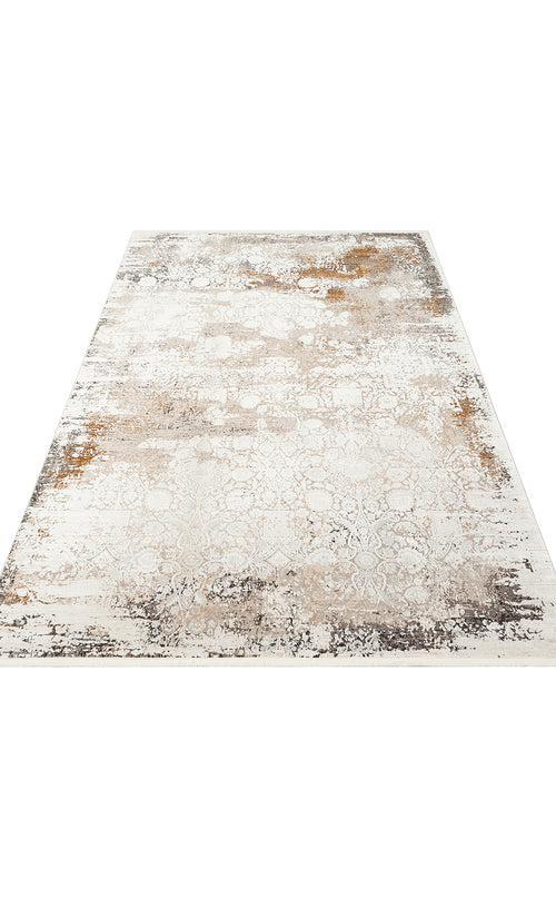 Load image 1 in gallery view. White, beige, and charcoal grey area rug with a distressed, faded traditional medallion pattern.
