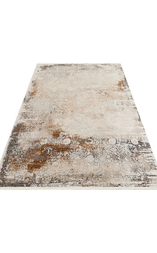 Load image 1 in gallery view. Cream, beige, and brown area rug with a distressed, faded traditional medallion pattern on a white background.